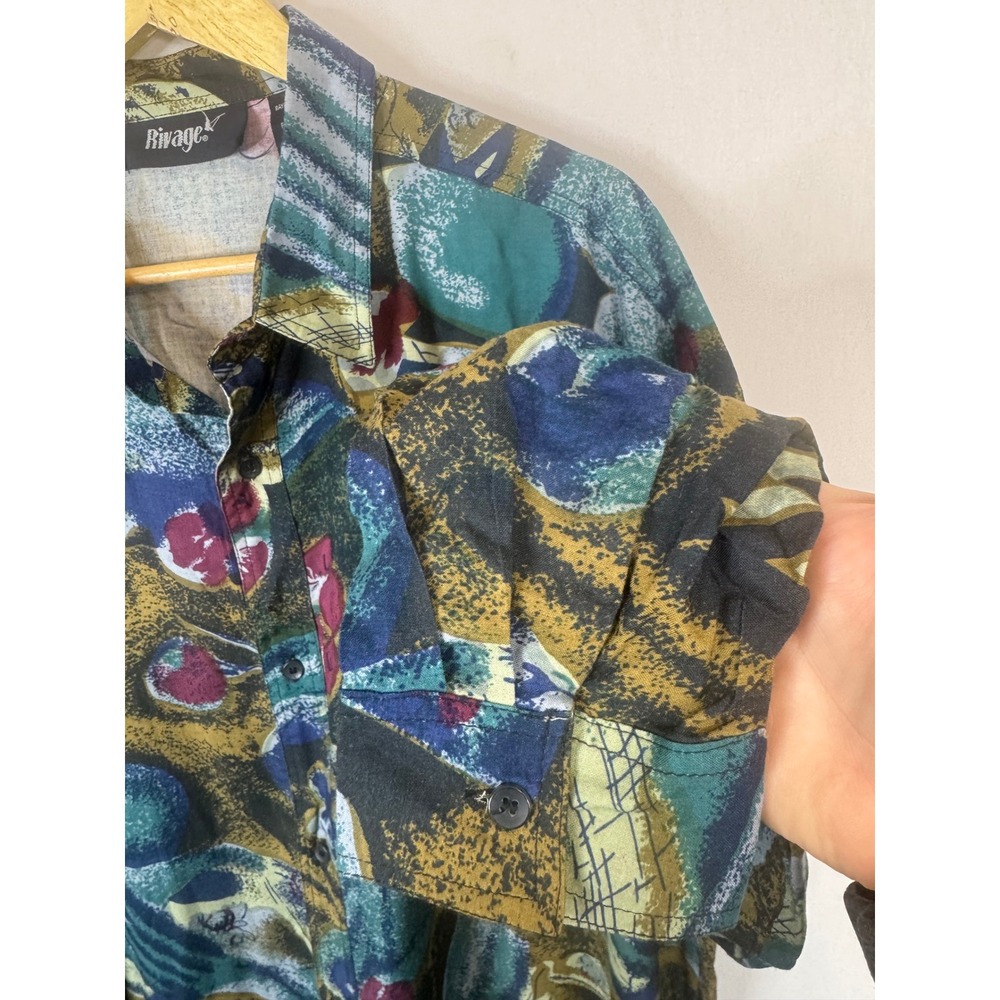 Vinatge 90s Rivage Mens 2XL Abstract Art Button Down Shirt Rayon Teal Gold - Picture 2 of 11